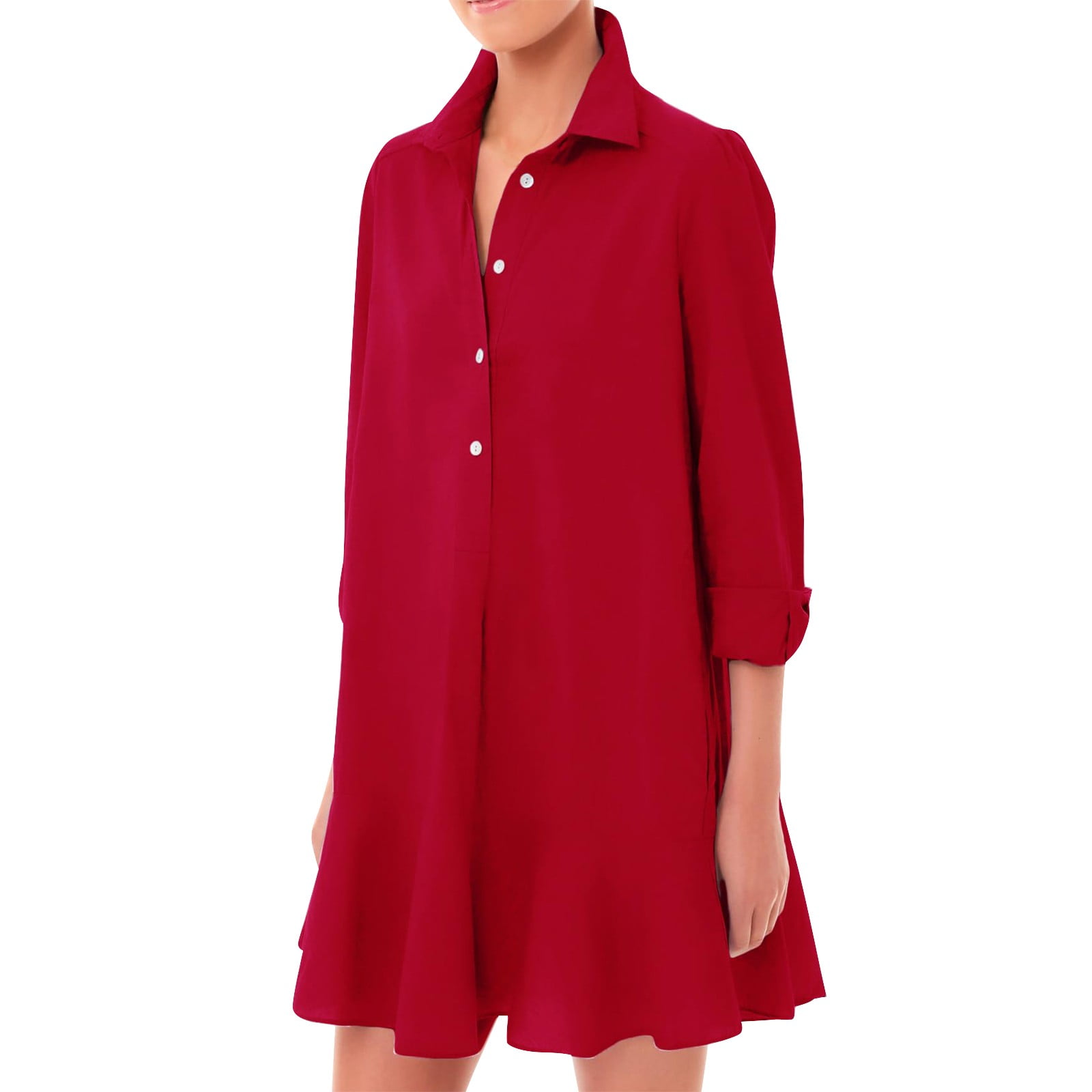 Mohiass Women's Tunic Mini Shirt Dress Cotton Long Sleeve Ruffle Hem Dress Button Up Shift Chambray Dresses Deep Red 2XL