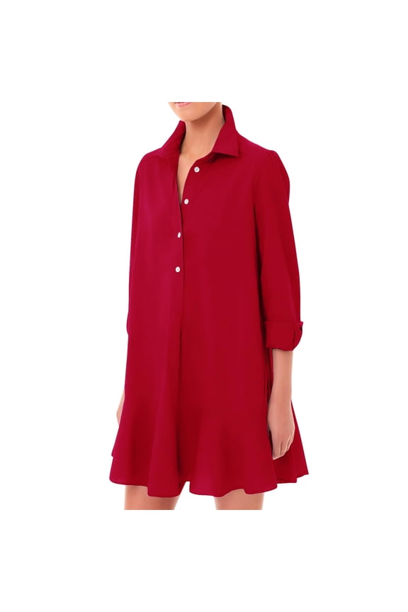 Women's Tunic Mini Shirt Dress Cotton Long Sleeve Ruffle Hem Dress Button Up Shift Chambray Dresses Deep Red M