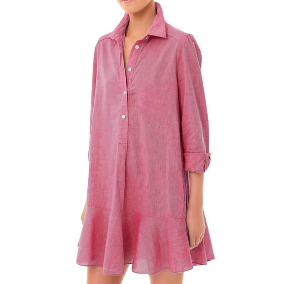 Mohiass Women's Tunic Mini Shirt Dress Cotton Long Sleeve Ruffle Hem Dress Button Up Shift Chambray Dresses Hot Pink 2XL