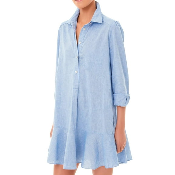 Mohiass Women's Tunic Mini Shirt Dress Cotton Long Sleeve Ruffle Hem Dress Button Up Shift Chambray Dresses Light Blue L