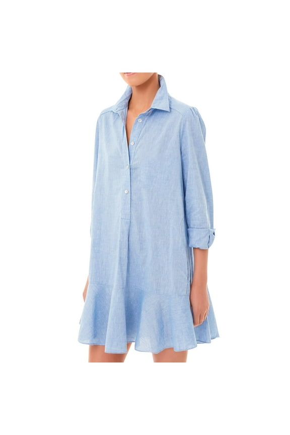 Women's Tunic Mini Shirt Dress Cotton Long Sleeve Ruffle Hem Dress Button Up Shift Chambray Dresses Light Blue L