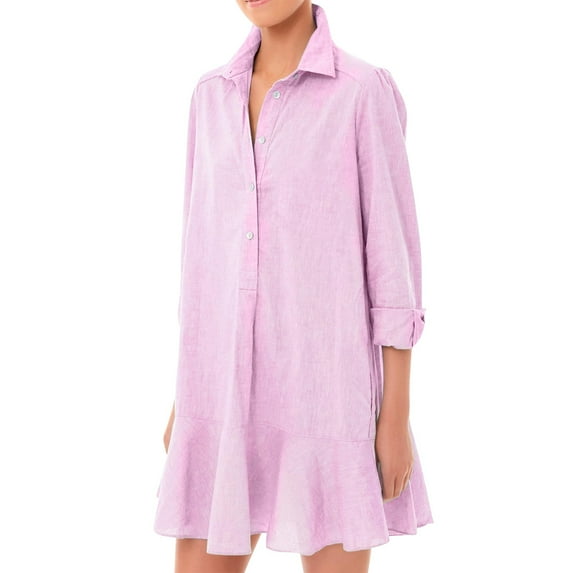 Mohiass Women's Tunic Mini Shirt Dress Cotton Long Sleeve Ruffle Hem Dress Button Up Shift Chambray Dresses Pink M