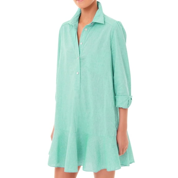 Mohiass Women's Tunic Mini Shirt Dress Cotton Long Sleeve Ruffle Hem Dress Button Up Shift Chambray Dresses Turquoise 2XL