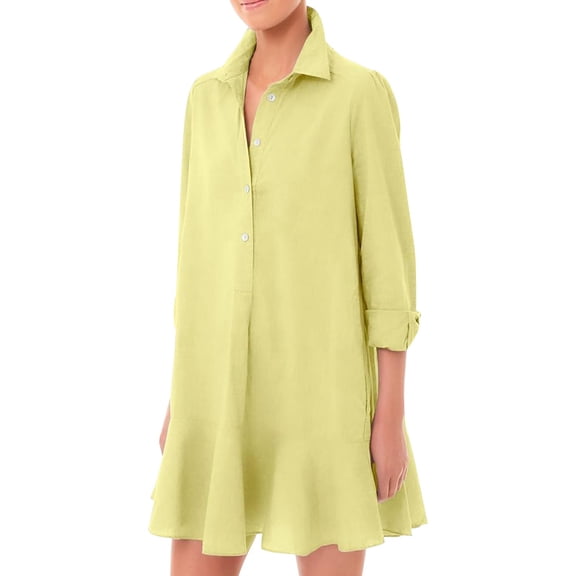 Mohiass Women's Tunic Mini Shirt Dress Cotton Long Sleeve Ruffle Hem Dress Button Up Shift Chambray Dresses Yellow L
