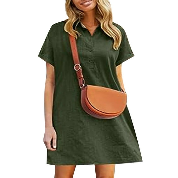 Mohiass Women's Tunic Mini Shirt Dress Cotton Short Sleeve Ruffle Hem Dress Button Up Shift Chambray Dresses Army Green XL