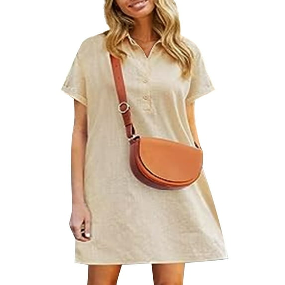 Mohiass Women's Tunic Mini Shirt Dress Cotton Short Sleeve Ruffle Hem Dress Button Up Shift Chambray Dresses Beige XL