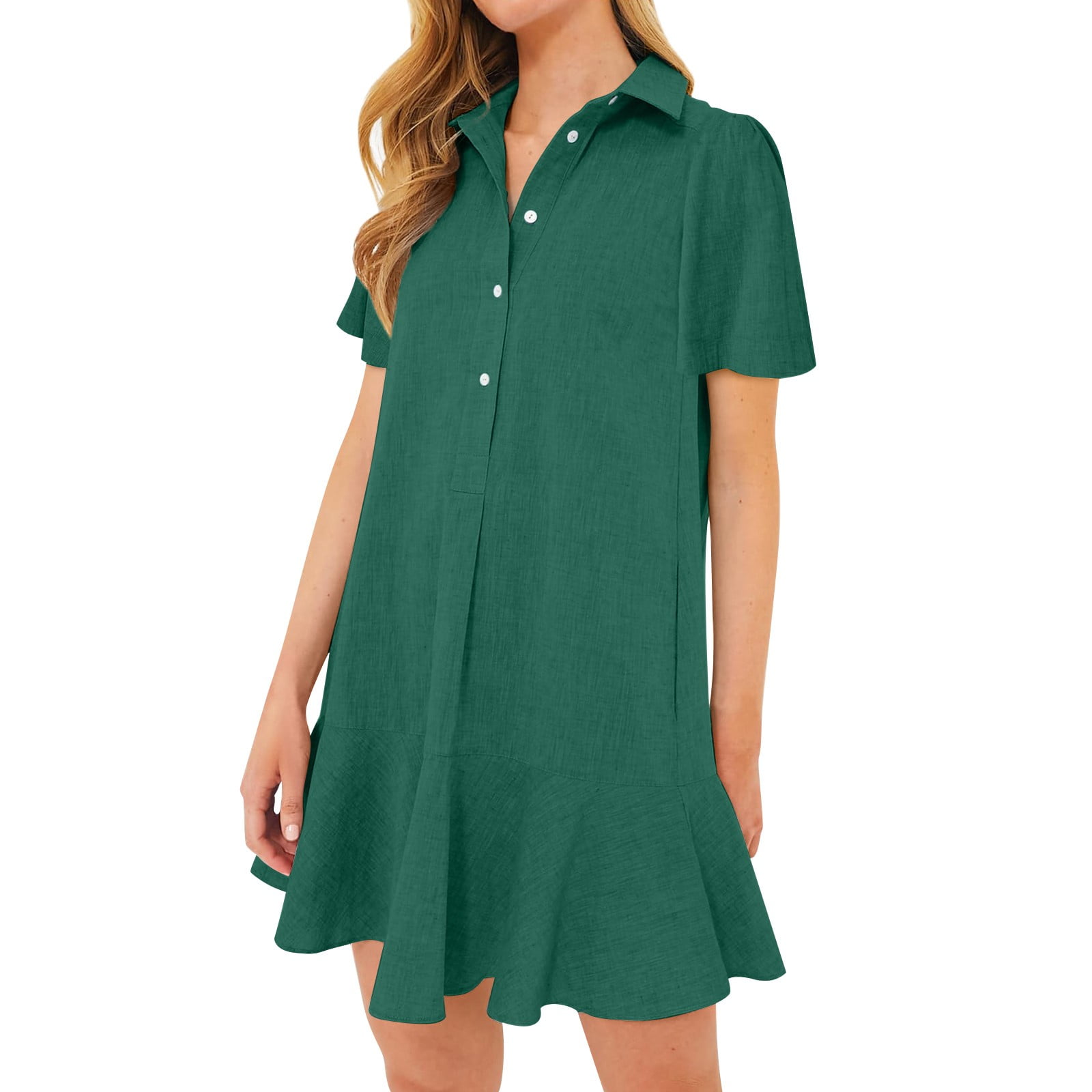 Mohiass Women's Tunic Mini Shirt Dress Cotton Short Sleeve Ruffle Hem Dress  Button Up Shift Chambray Dresses Dark Green 2XL - Walmart.com