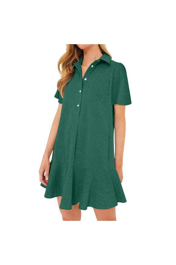 Women's Tunic Mini Shirt Dress Cotton Short Sleeve Ruffle Hem Dress Button Up Shift Chambray Dresses Dark Green S