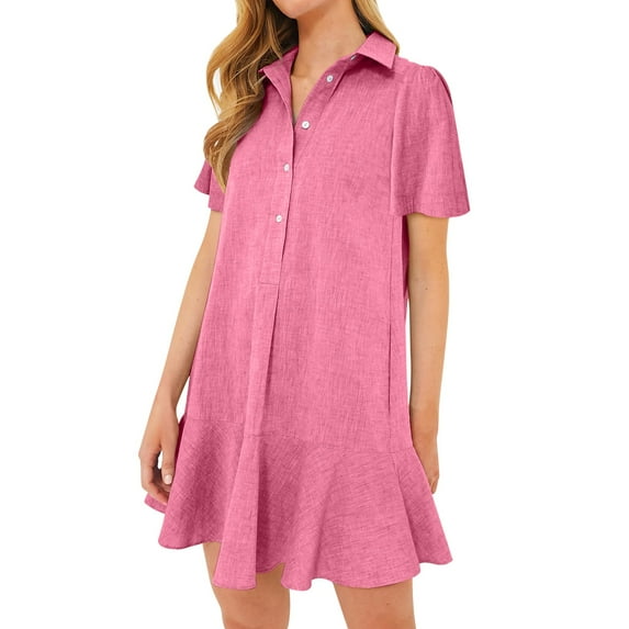 Mohiass Women's Tunic Mini Shirt Dress Cotton Short Sleeve Ruffle Hem Dress Button Up Shift Chambray Dresses Hot Pink 2XL