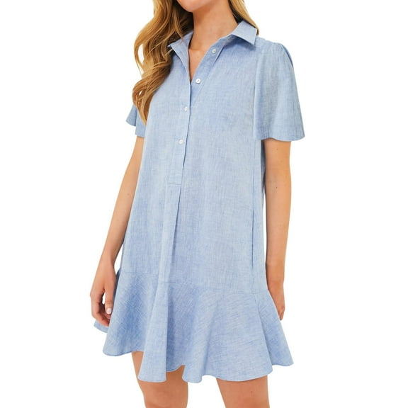 Mohiass Women's Tunic Mini Shirt Dress Cotton Short Sleeve Ruffle Hem Dress Button Up Shift Chambray Dresses Light Blue 2XL