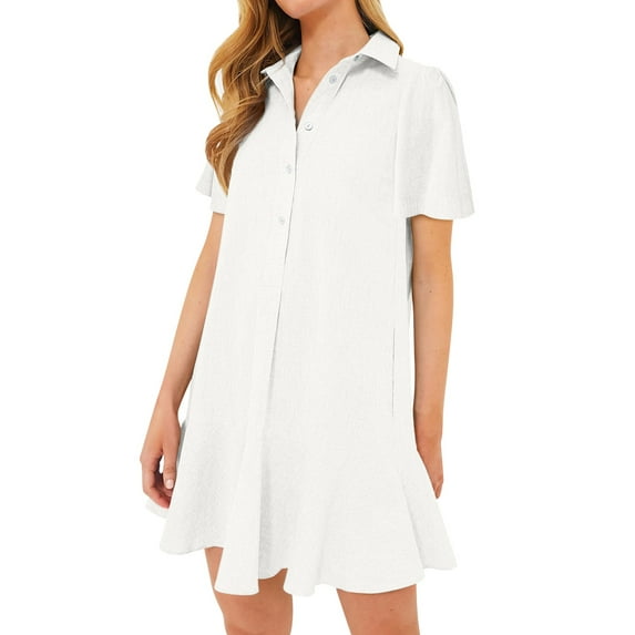 Mohiass Women's Tunic Mini Shirt Dress Cotton Short Sleeve Ruffle Hem Dress Button Up Shift Chambray Dresses White M
