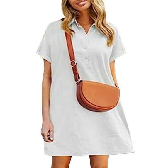 Mohiass Women's Tunic Mini Shirt Dress Cotton Short Sleeve Ruffle Hem Dress Button Up Shift Chambray Dresses White XL