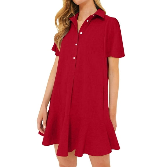 Mohiass Women's Tunic Mini Shirt Dress Cotton Short Sleeve Ruffle Hem Dress Button Up Shift Chambray Dresses Wine M