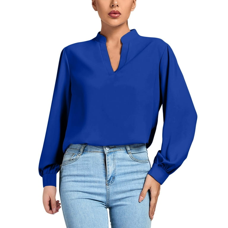 Women's V Neck Shirred Long Sleeve