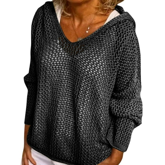 Mohiass Women's V Neck Sweater Long Sleeve,Hollow Out Knit Hoodies Crochet Top Beach Lightweight Blouse Black XL