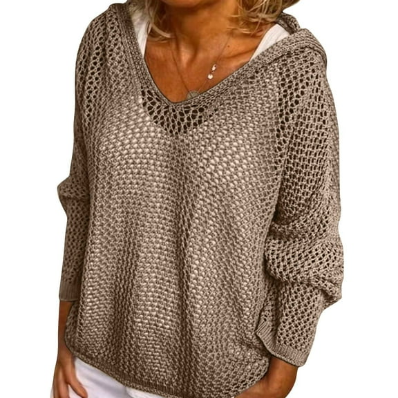 Mohiass Women's V Neck Sweater Long Sleeve,Hollow Out Knit Hoodies Crochet Top Beach Lightweight Blouse Dark Gray L