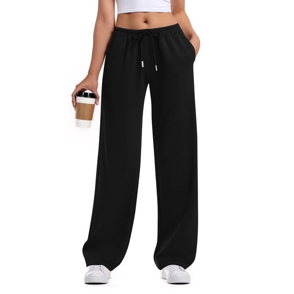 Mohiass Women's Wide Leg Sweatpants Straight Leg Lowrise Sweat Pants Drawstring Elastic Low Waist Pants with Pockets Black 2XL