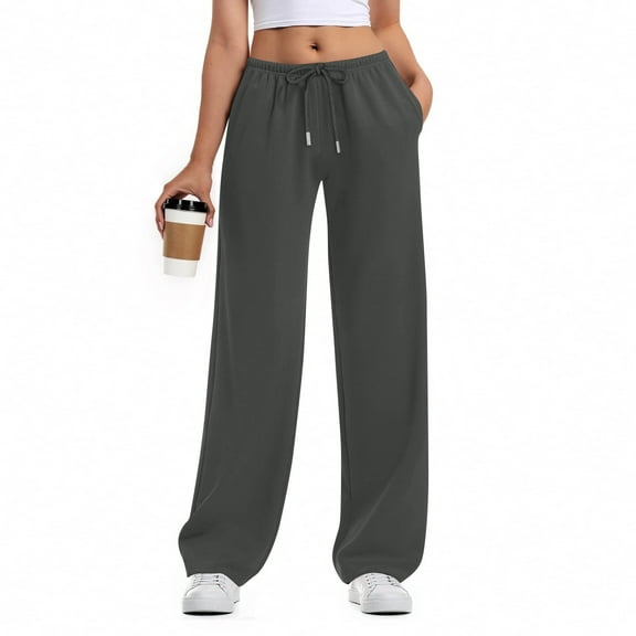 Mohiass Women's Wide Leg Sweatpants Straight Leg Lowrise Sweat Pants Drawstring Elastic Low Waist Pants with Pockets Gray 2XL
