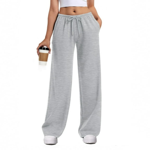 Mohiass Women's Wide Leg Sweatpants Straight Leg Lowrise Sweat Pants Drawstring Elastic Low Waist Pants with Pockets Light Gray 2XL