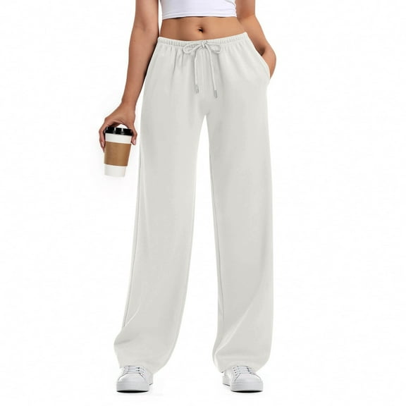 Mohiass Women's Wide Leg Sweatpants Straight Leg Lowrise Sweat Pants Drawstring Elastic Low Waist Pants with Pockets White 2XL