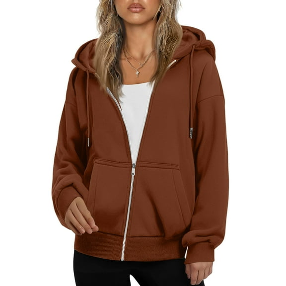 Mohiass Women's Zip Up Hoodies Casual Long Sleeve Hooded Sweatshirts with Pockets Brown M