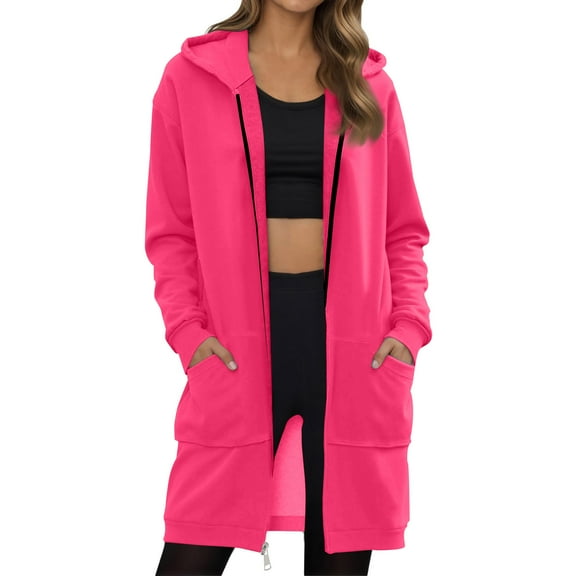Mohiass Women's Zip Up Hoodies Oversized Fleece Long Sleeve Sweatshirts Casual Fall Winter Jacket Coat with Pockets Hot Pink L