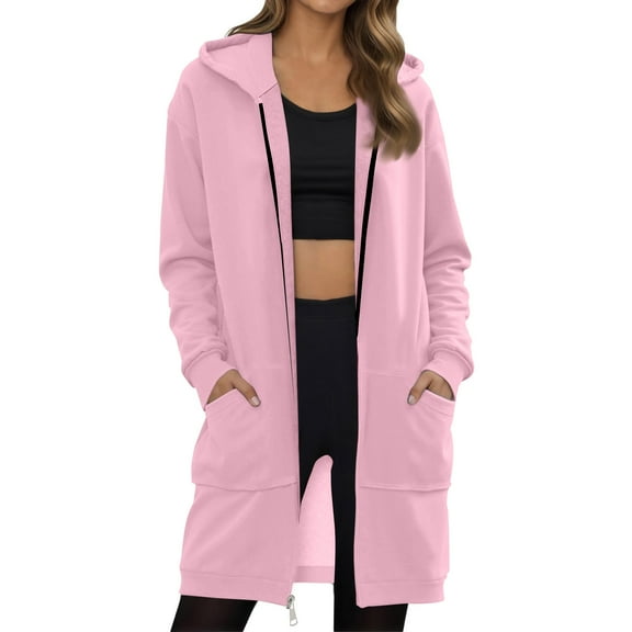 Mohiass Women's Zip Up Hoodies Oversized Fleece Long Tunic Sweatshirts Casual Fall Jacket Coat with Pocket Pink 2XL