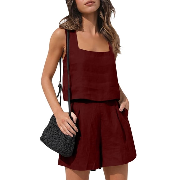 Mohiass Womens 2 Piece Outfits Linen Matching Sets Sleeveless Crop Tank Tops and High Waist Lounge Shorts with Pockets Wine XL