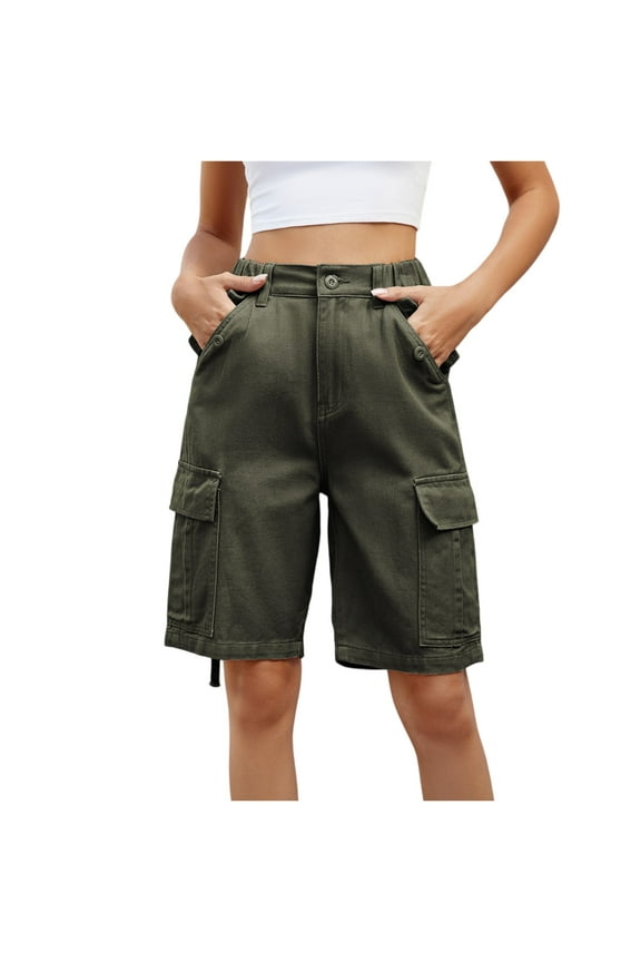 Womens 2025 Trendy High Waisted Denim Shorts Bermuda Baggy Y2K Cargo Shorts Casual Summer Jean Jorts Army Green M