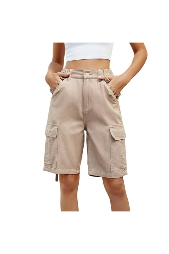 Womens 2025 Trendy High Waisted Denim Shorts Bermuda Baggy Y2K Cargo Shorts Casual Summer Jean Jorts Khaki L
