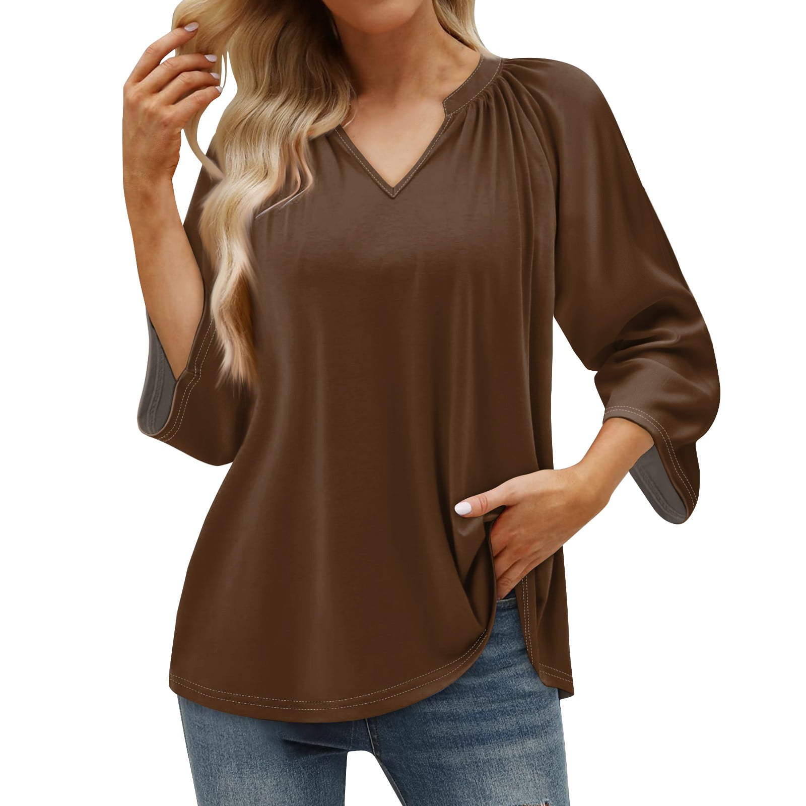 Mohiass Womens 3/4 Length Sleeve Tops Casual V Neck Summer Shirts Loose Fit Three Quarter Length