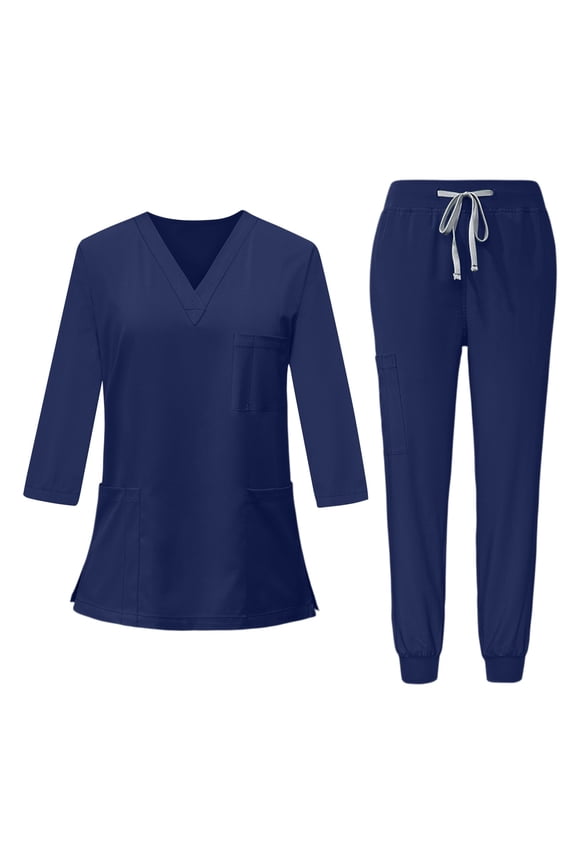 Womens 3/4 Sleeve Scrub Sets V-Neck Tops and Long Pants Solid Color Nurse Uniform with Pockets Dark Blue 2XL