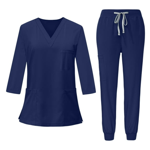 Mohiass Scrub Sets for Woman V-Neck 3/4 Sleeve Tops and Long Pants Solid Color Nurse Uniform with Pockets Dark Blue XL
