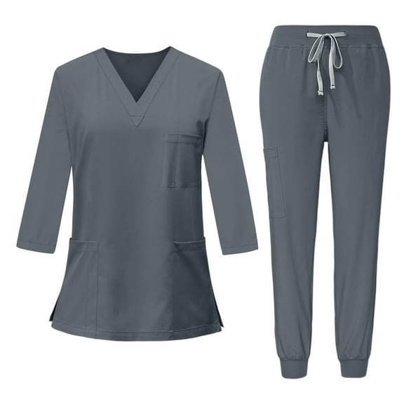 Mohiass Womens 3/4 Sleeve Scrub Sets V-Neck Tops and Long Pants Solid Color Nurse Uniform with Pockets Dark Gray 2XL