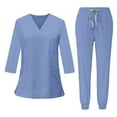 thumbnail image 1 of Mohiass Womens 3/4 Sleeve Scrub Sets V-Neck Tops and Long Pants Solid Color Nurse Uniform with Pockets Light Blue S, 1 of 1