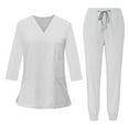 thumbnail image 1 of Mohiass Womens 3/4 Sleeve Scrub Sets V-Neck Tops and Long Pants Solid Color Nurse Uniform with Pockets White L, 1 of 1
