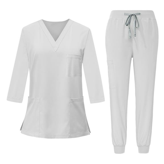 Mohiass Womens 3/4 Sleeve Scrub Sets V-Neck Tops and Long Pants Solid Color Nurse Uniform with Pockets White L
