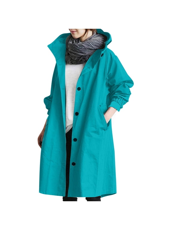 Womens Anorak Rain Coat with Hood Waterproof Plus Size Long Rain Jacket Trench Coat Windbreaker for Women Cyan 2XL