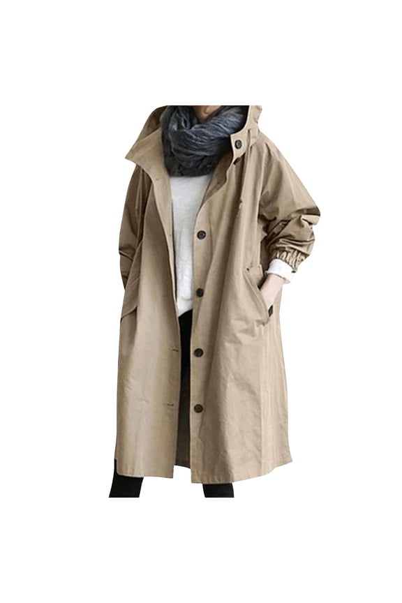 Womens Anorak Rain Coat with Hood Waterproof Plus Size Long Rain Jacket Trench Coat Windbreaker for Women Khaki 2XL