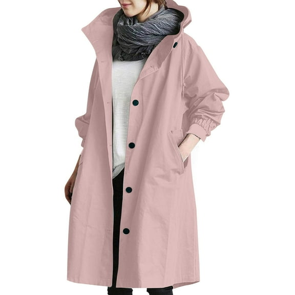 Mohiass Womens Anorak Rain Coat with Hood Waterproof Plus Size Long Rain Jacket Trench Coat Windbreaker for Women Pink L