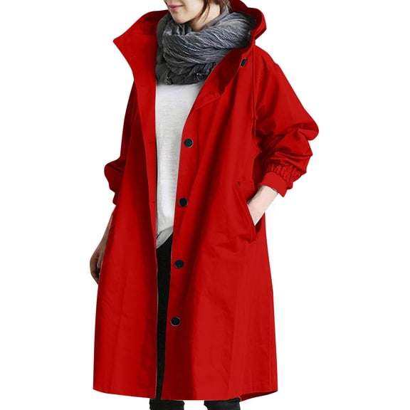 Mohiass Womens Anorak Rain Coat with Hood Waterproof Plus Size Long Rain Jacket Trench Coat Windbreaker for Women Red 2XL