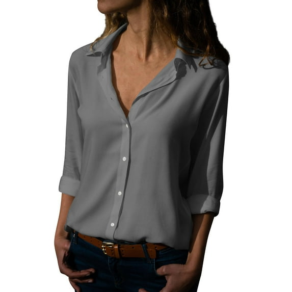 Mohiass Womens Button Down Shirts Long Sleeve Dressy Casual Blouses Button Up Collared Shirts Tops for Women Gray 5XL