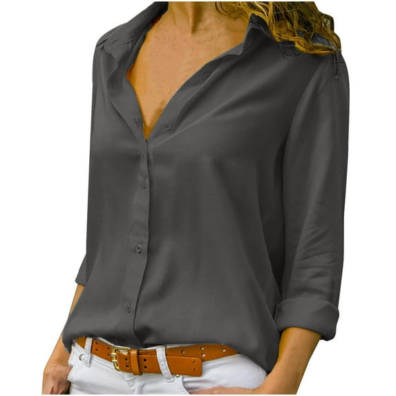 Mohiass Womens Button Down Shirts Long Sleeve Dressy Casual Blouses Button Up Collared Shirts Tops for Women Gray 2XL