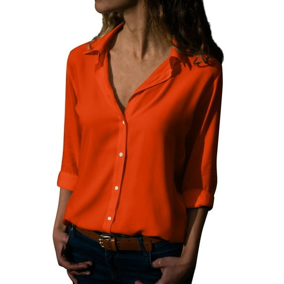 Mohiass Womens Button Down Shirts Long Sleeve Dressy Casual Blouses Button Up Collared Shirts Tops for Women Orange L