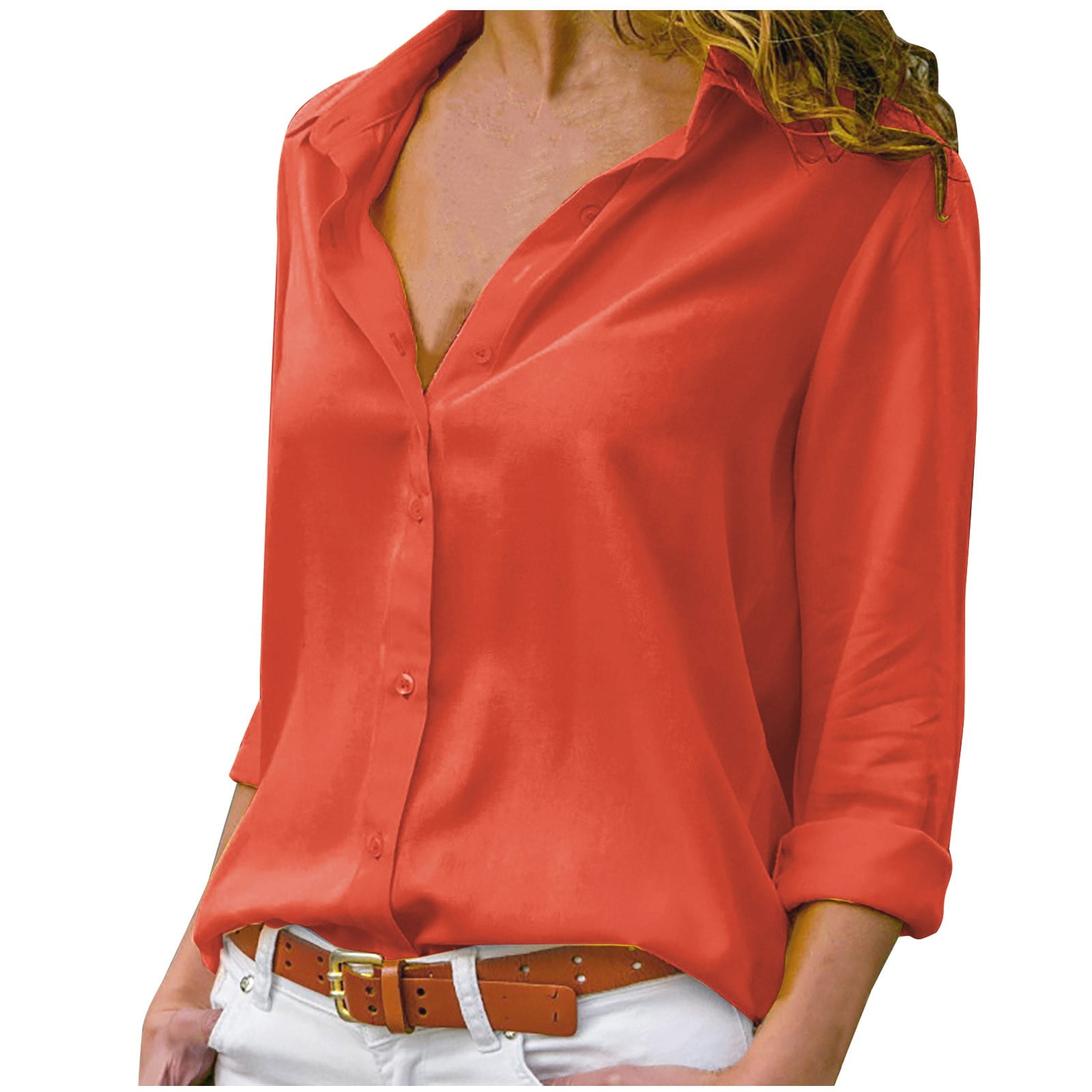 Mohiass Womens Button Down Shirts Long Sleeve Dressy Casual Blouses Button  Up Collared Shirts Tops for Women Orange L - Walmart.com
