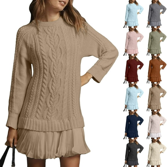 Mohiass Womens Cable Knit Sweater Dress Crewneck Patchwork Pleated Dresses Twofer Style Long Sleeve Mini Dress 2026 Beige S