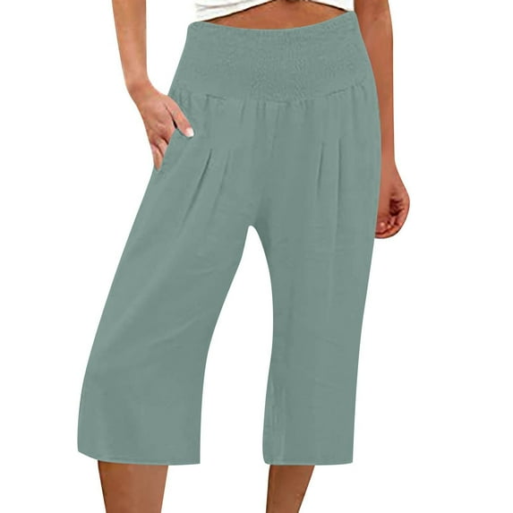 Mohiass Womens Capri Pants Clearance High Waisted Smocked Women's Capris Wide Leg Summer Cotton Linen Women's Capri Pants Stretch with Pockets Mint Green 2XL