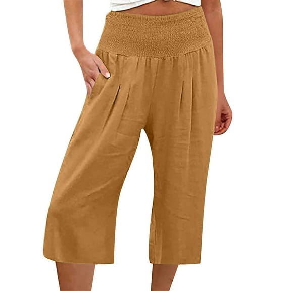 Mohiass Womens Capri Pants Cotton Linen Smocked Women Capri Pants Clearance Wide Leg High Waisted Summer Womens Capris with Pockets Brown M