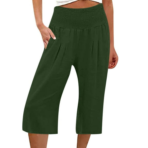Mohiass Womens Capri Pants Plus Size Summer Wide Leg Capris for Women High Waisted Cotton Linen Smocked Capri Pants for Women Stretch with Pockets Green S