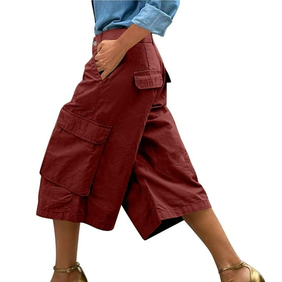 Mohiass Womens Capri Pants Wide Leg High Waisted Cargo Capris for Women Summer Caual Loose Cropped Trousers with Pockets Wine XL